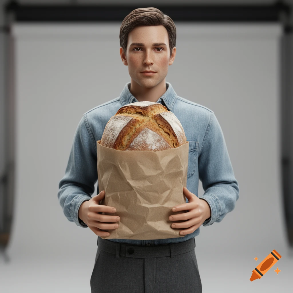 A synthetic mannequin-like man in a denim shirt holds a rustic loaf of bread in a paper bag in a studio setting.