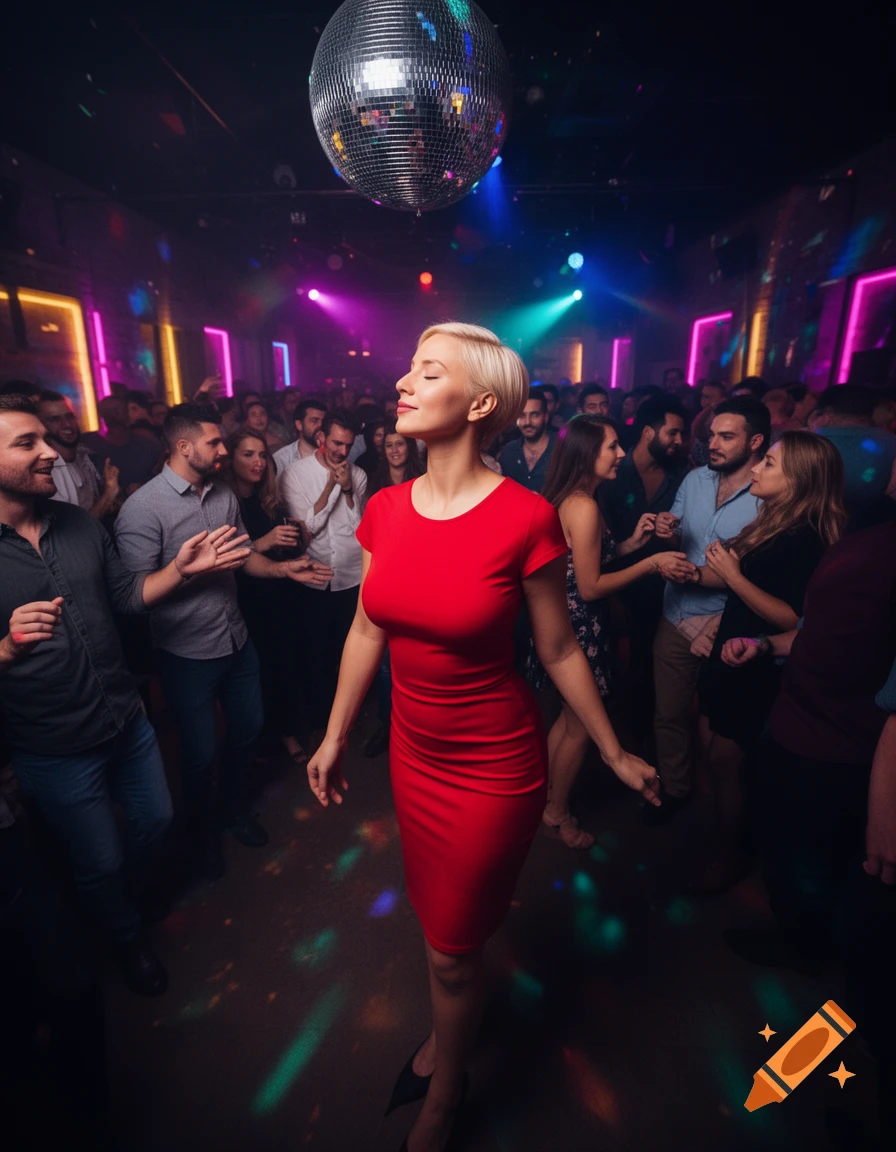 Photorealistic image of a blonde woman in a red dress dancing with closed eyes in a crowded nightclub with a disco ball and colorful lights.