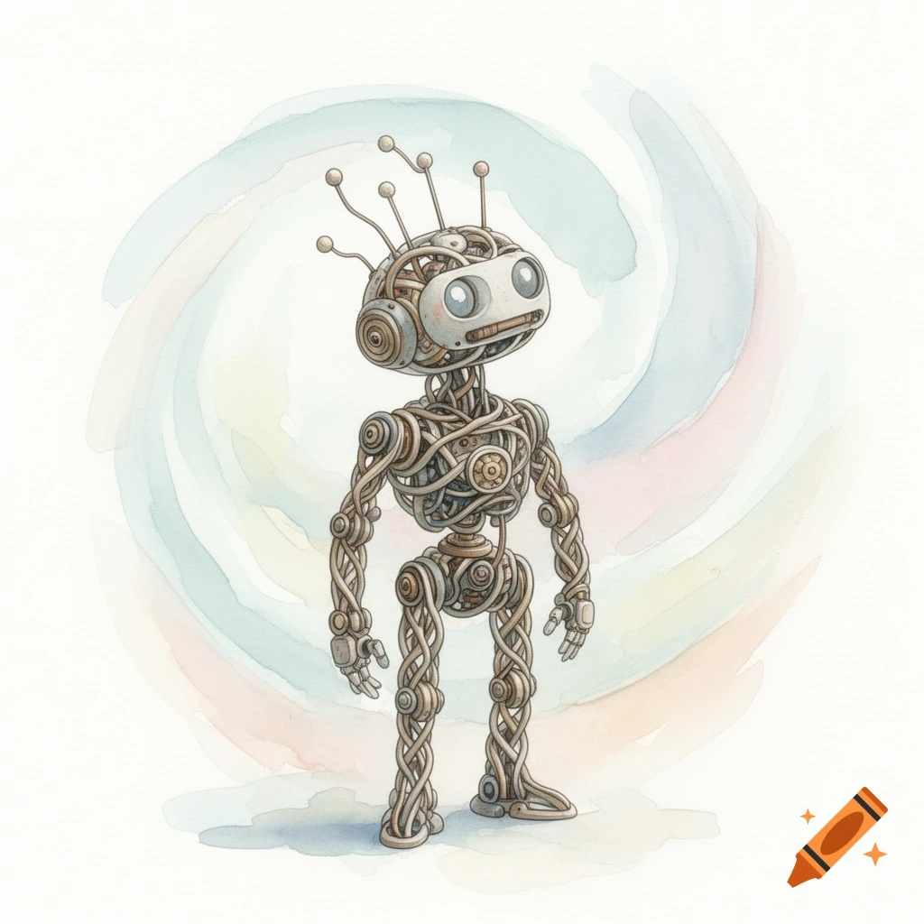 A cute, stylized robot made of wires and gears, rendered in a watercolor style, stands against a soft pastel swirl background.