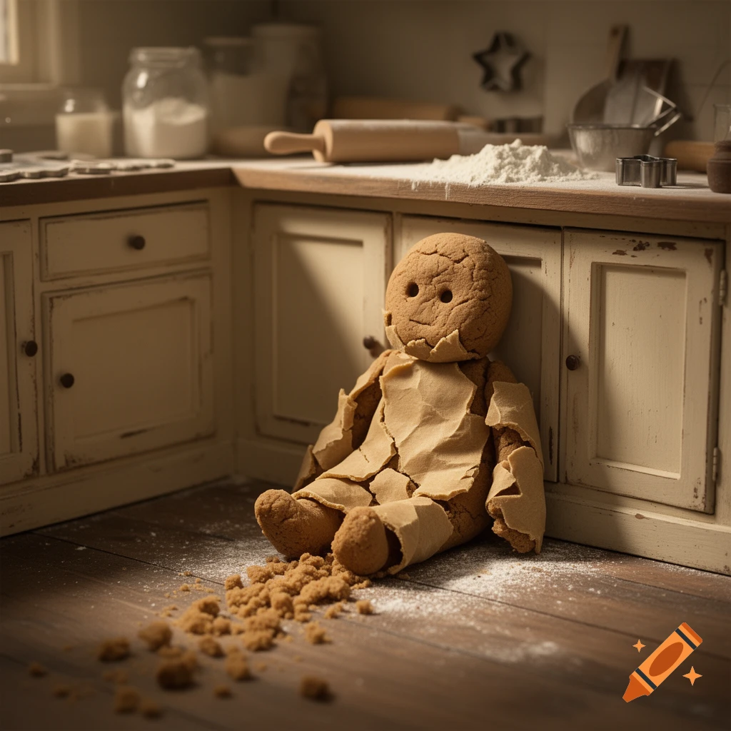 A photorealistic crumbled gingerbread person with paper-like skin sits on a kitchen floor with flour and baking ingredients.