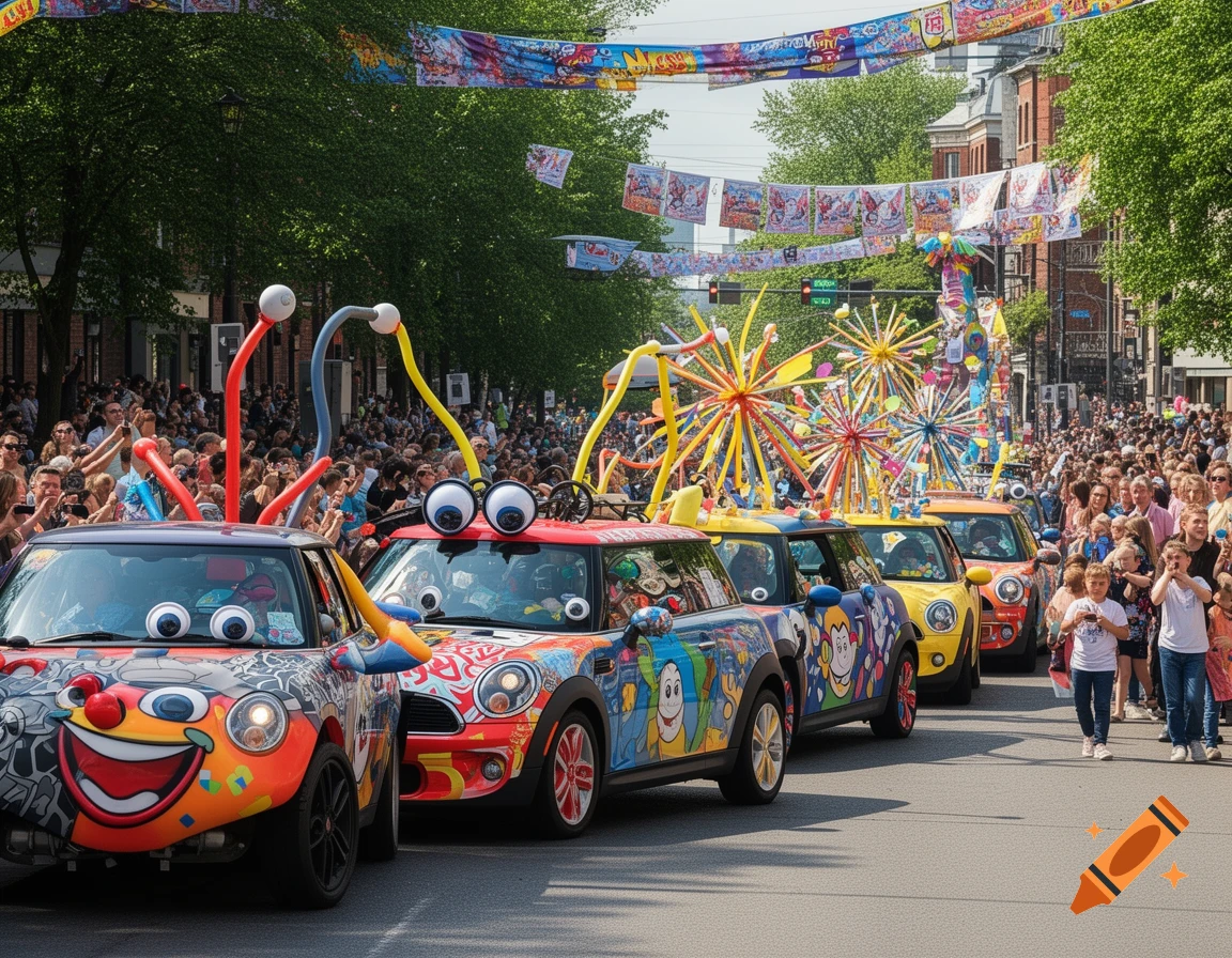 A vibrant street parade features a line of colorfully decorated Mini Cooper cars with googly eyes and cartoon faces, driving past a cheering crowd.