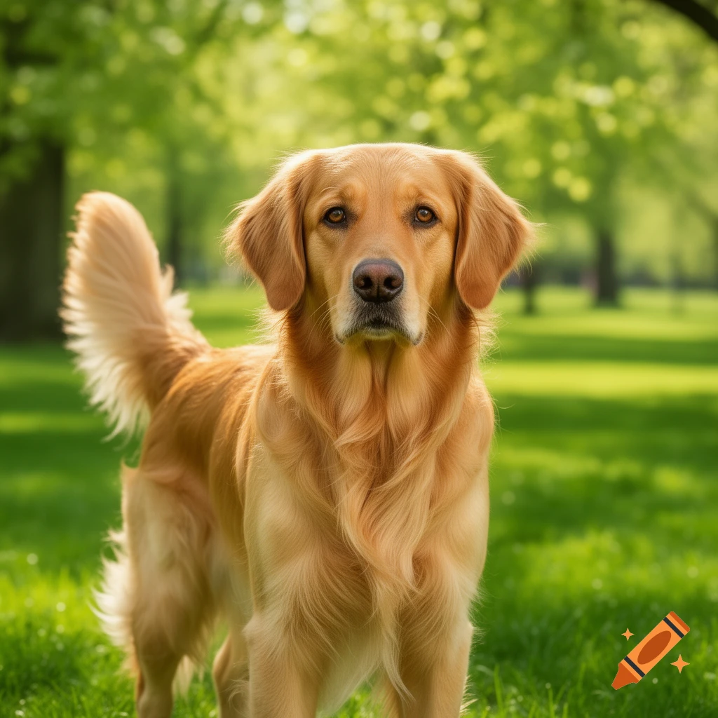 A golden retriever stands attentively in a sunny green park with blurred trees in the background.