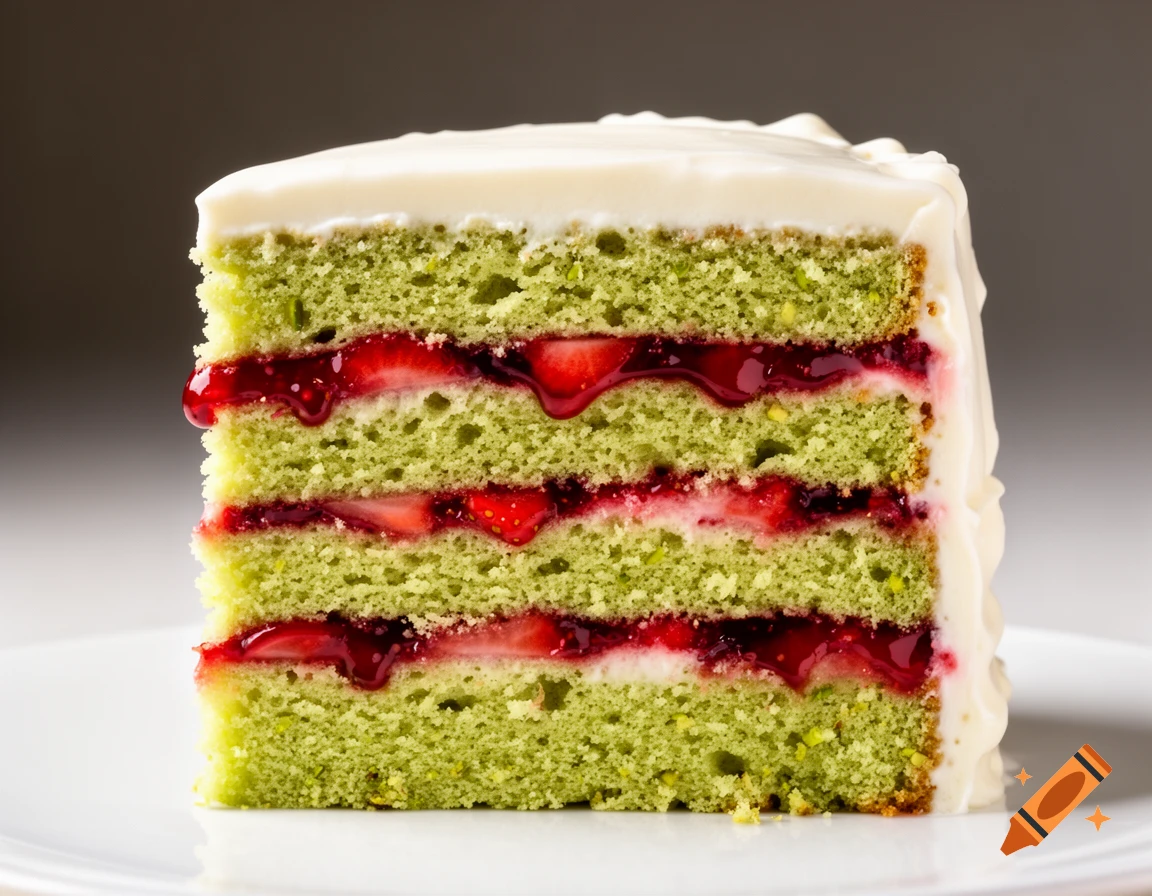A close-up of a slice of layered pistachio cake with strawberry compote and white buttercream frosting.