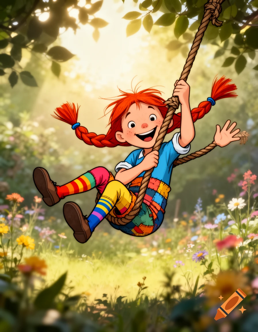 Vibrant cartoon illustration of Pippi Longstocking with red braided hair, smiling and swinging on a rope in a sunny, flowery garden.