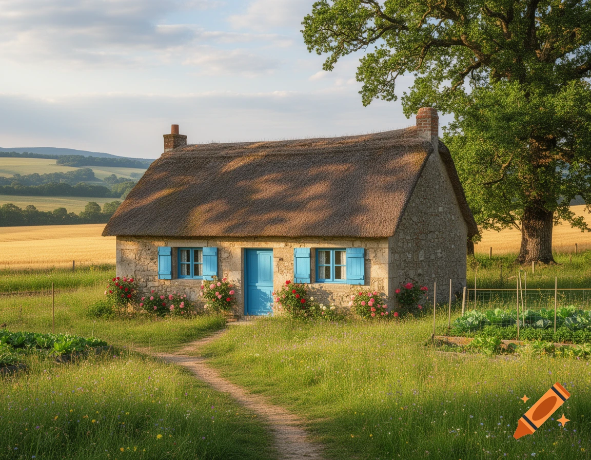 A quaint stone cottage with a thatched roof and blue shutters, surrounded by a green meadow, a small garden, and a golden field under a bright sky.