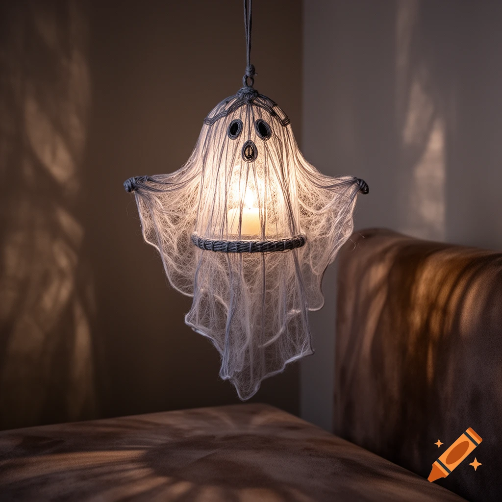 White ghost-shaped candle lantern, made of wispy fabric, glows from a lit candle, casting shadows on the wall.