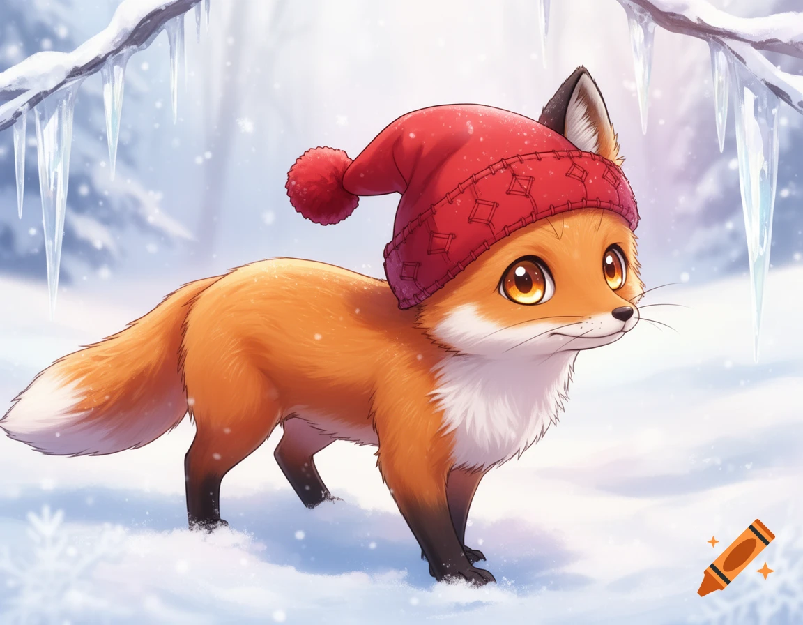A cute anime-style fox wearing a red winter hat stands in a snowy forest with icicles hanging from branches.