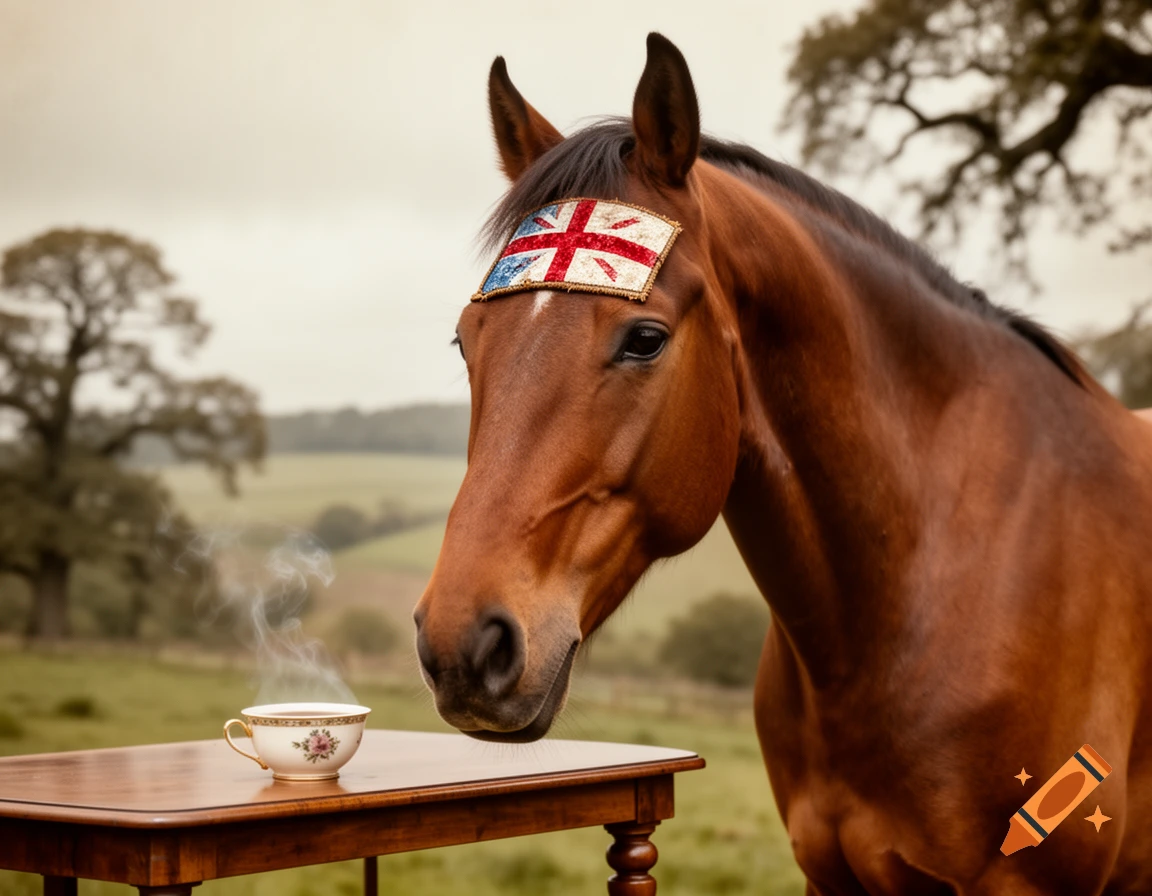 A brown horse with a Union Jack flag on its forehead stands next to a steaming teacup on a wooden table in a field.