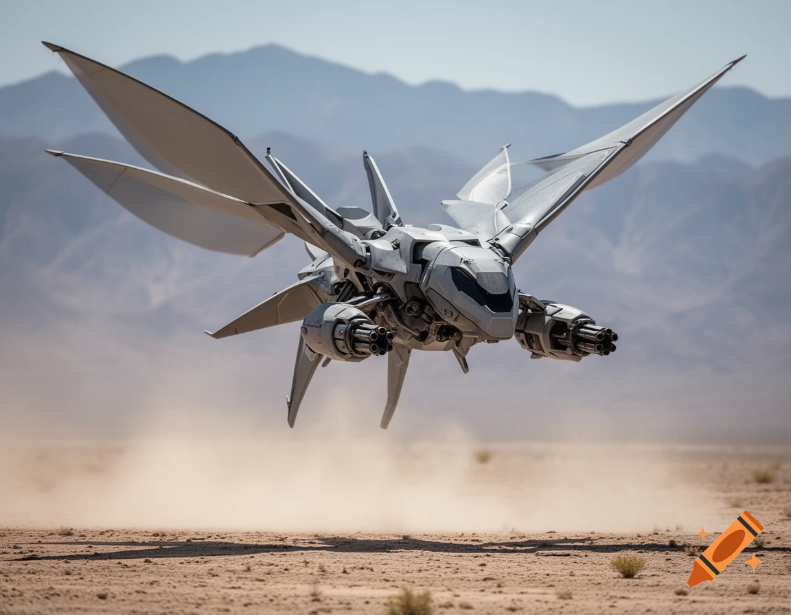 A futuristic white ornithopter gunship hovers above a dusty desert landscape with mountains in the background.