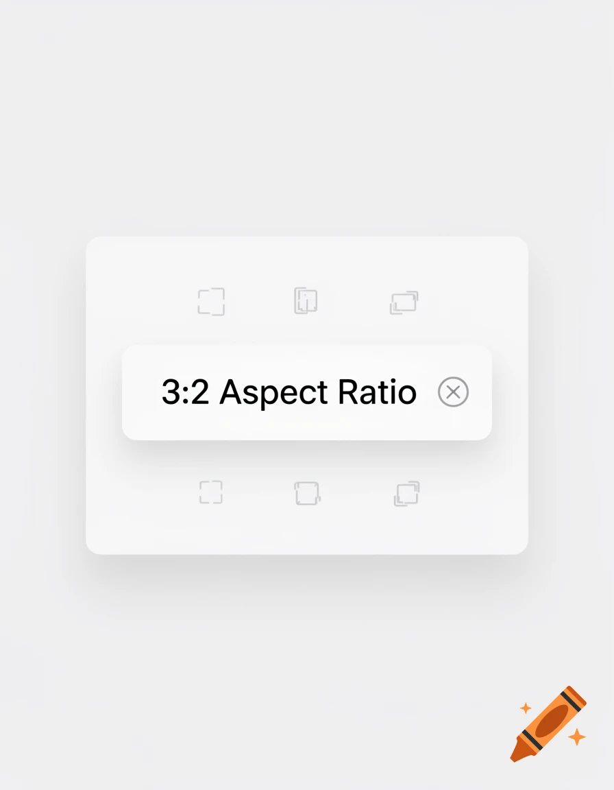 A white UI card displays '3:2 Aspect Ratio' text with a close button, surrounded by various aspect ratio icons.