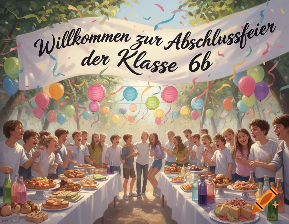Illustration of joyful children celebrating an outdoor graduation party under a banner, surrounded by balloons, confetti, and food.