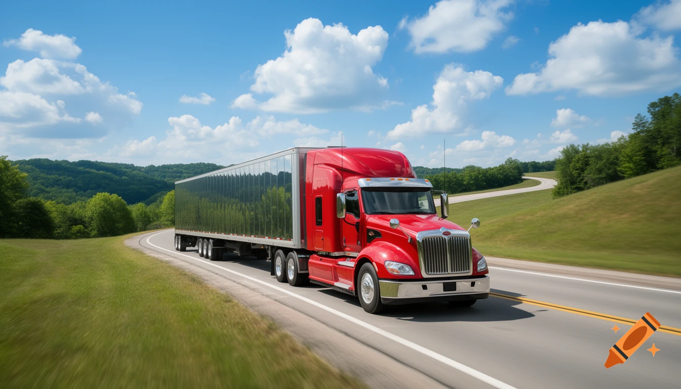 A bright red semi-truck with a silver trailer drives on a winding highway through green hills under a blue, cloudy sky.