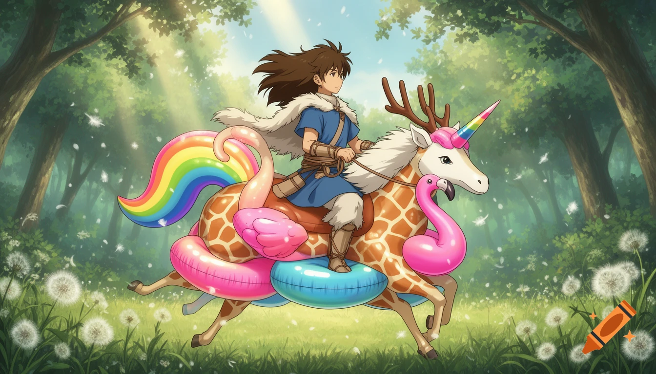 An anime boy resembling Ashitaka rides a deer-like creature made of colorful pool floats, including a rainbow tail and flamingo, through a sunlit forest.