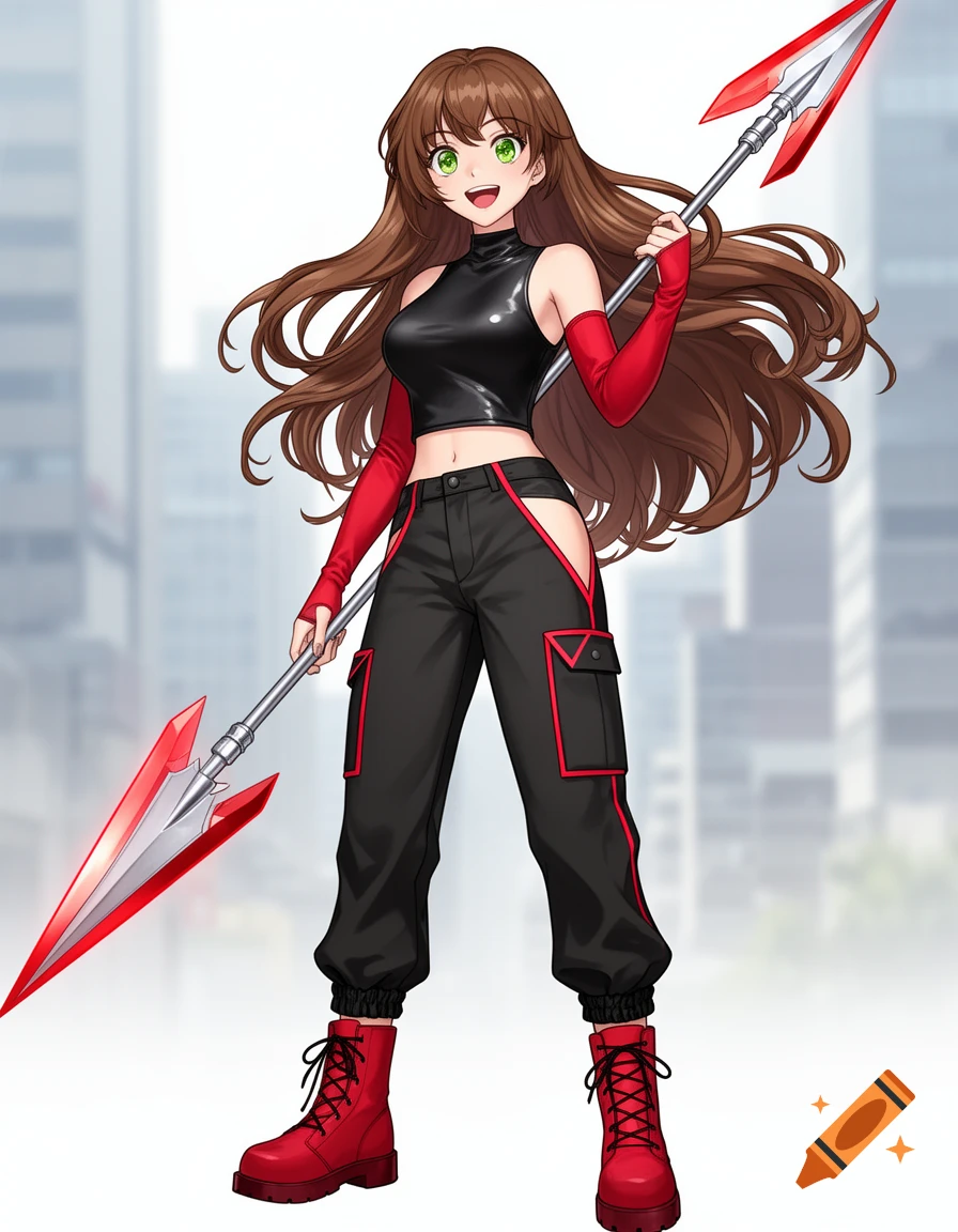 Manhua style art of a smiling young woman with long brown hair, green eyes, wearing a black cropped top, red arm warmers, black cargo pants with red cutouts, red boots, and holding a silver and red spear.