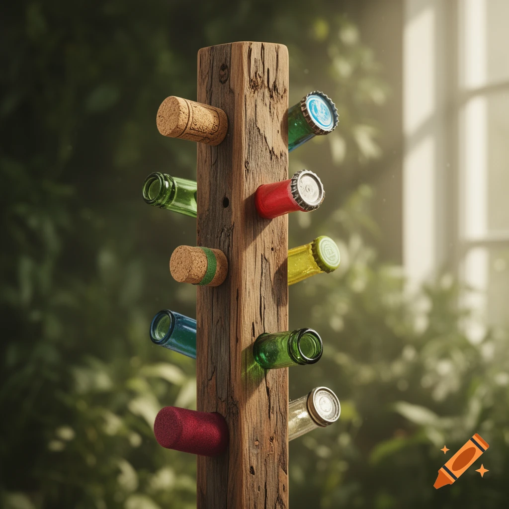 A rustic wooden rack holding colorful glass bottles and corks, set against a blurred green background with window light.