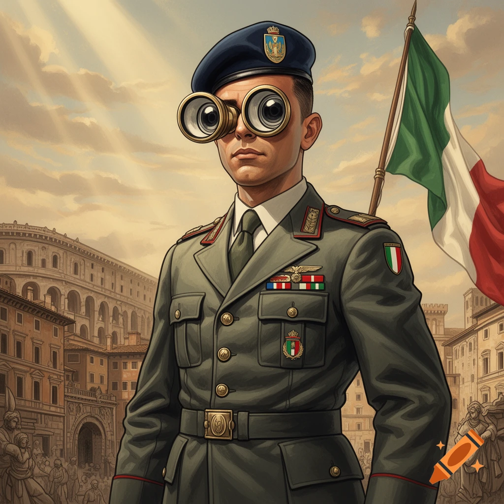 Cartoon illustration of an Italian soldier in uniform, wearing huge binoculars over his eyes, with the Italian flag and ancient buildings in the background.