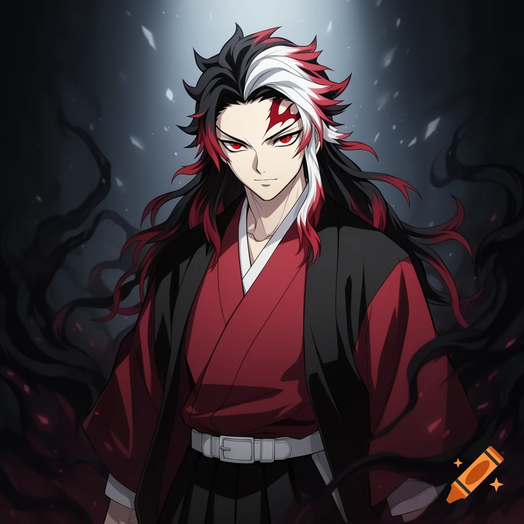 Handsome anime man with long black, white, and red hair, red eyes, a red mark on his forehead, wearing a red and black hakama.