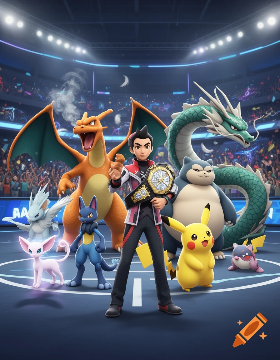 A Pokemon trainer with a championship belt stands proudly with his team including Charizard, Pikachu, and Snorlax in a packed stadium.
