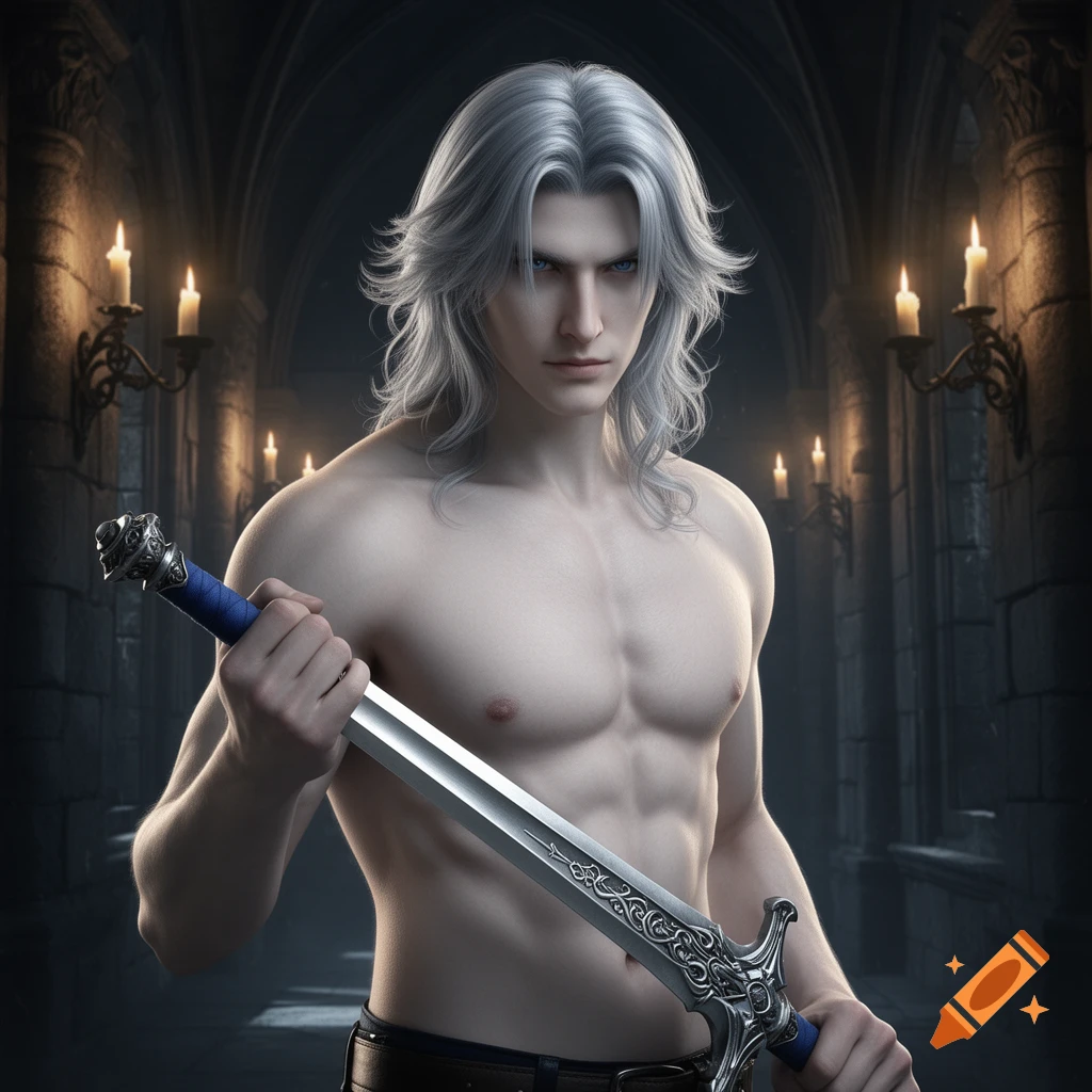 A shirtless male fantasy character with long silver hair, blue eyes, holds a detailed sword in a dark, candlelit gothic castle hallway.