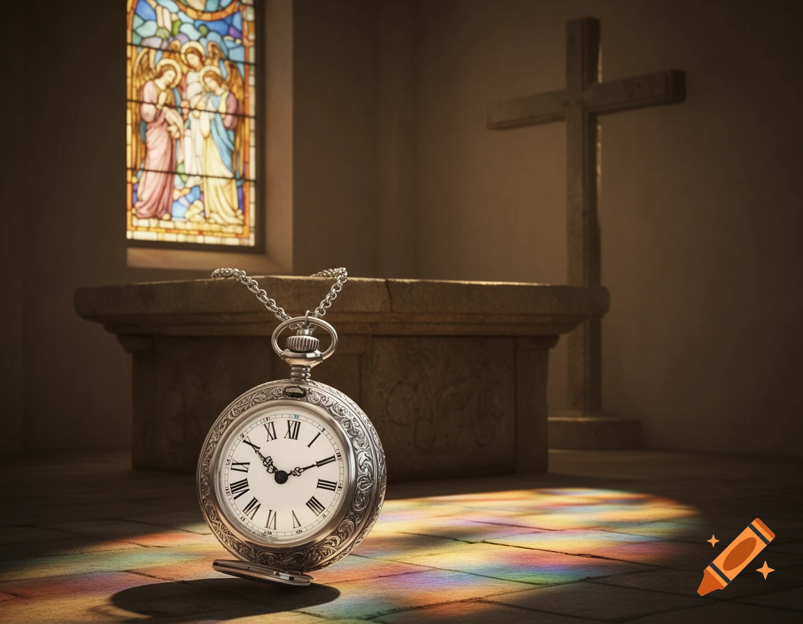 An ornate silver pocket watch rests on a church floor, illuminated by rainbow light from a stained glass window with angels, and a cross in the background.