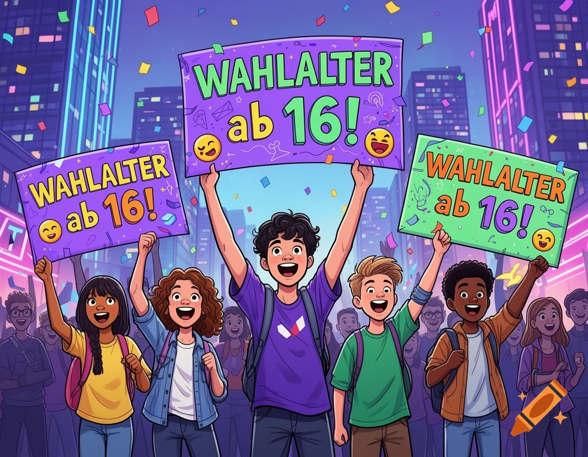 A diverse group of cheerful young people protest in a vibrant city, holding 'Voting Age from 16!' signs in a cartoon style.