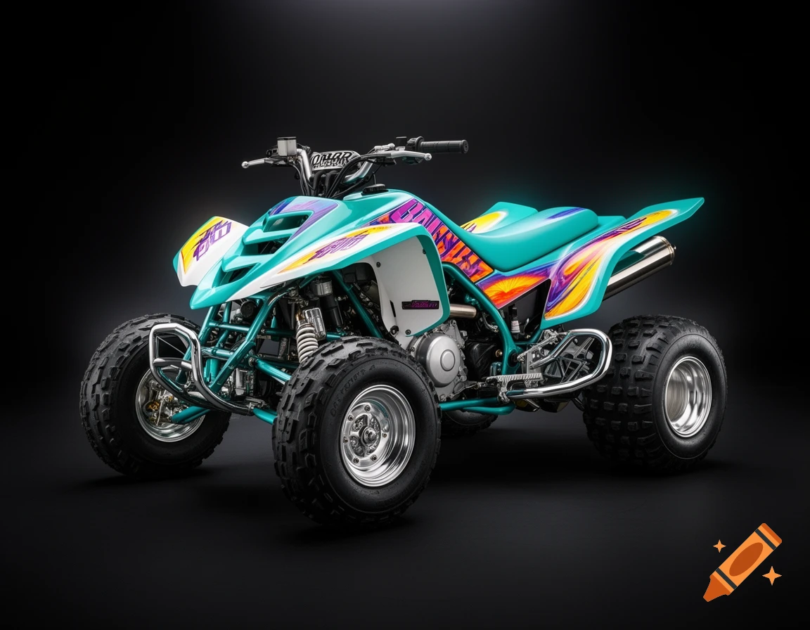 A high-resolution studio photograph of a customized Yamaha Banshee 350 ATV quad with teal and white body kit and vibrant sunset gradient custom graphics on a black background.