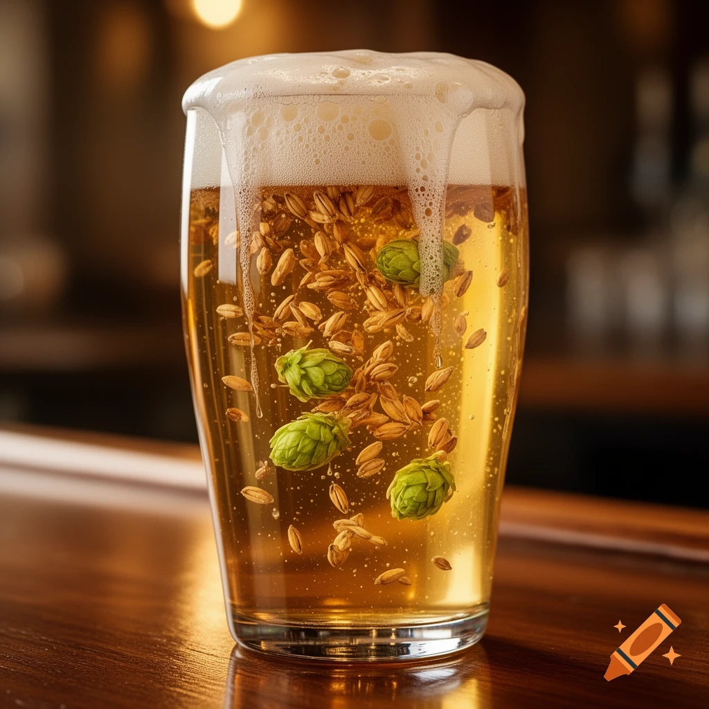 Photorealistic close-up of a beer glass with overflowing foam, golden liquid, floating malt grains, and green hop cones.