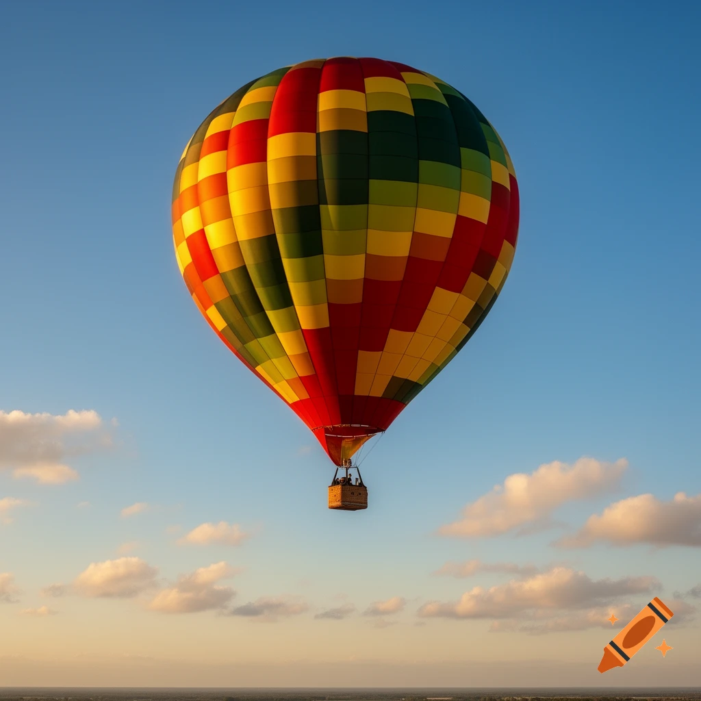 A colorful, patchwork hot air balloon floats high in a bright blue sky with scattered white clouds over a distant, hazy landscape.