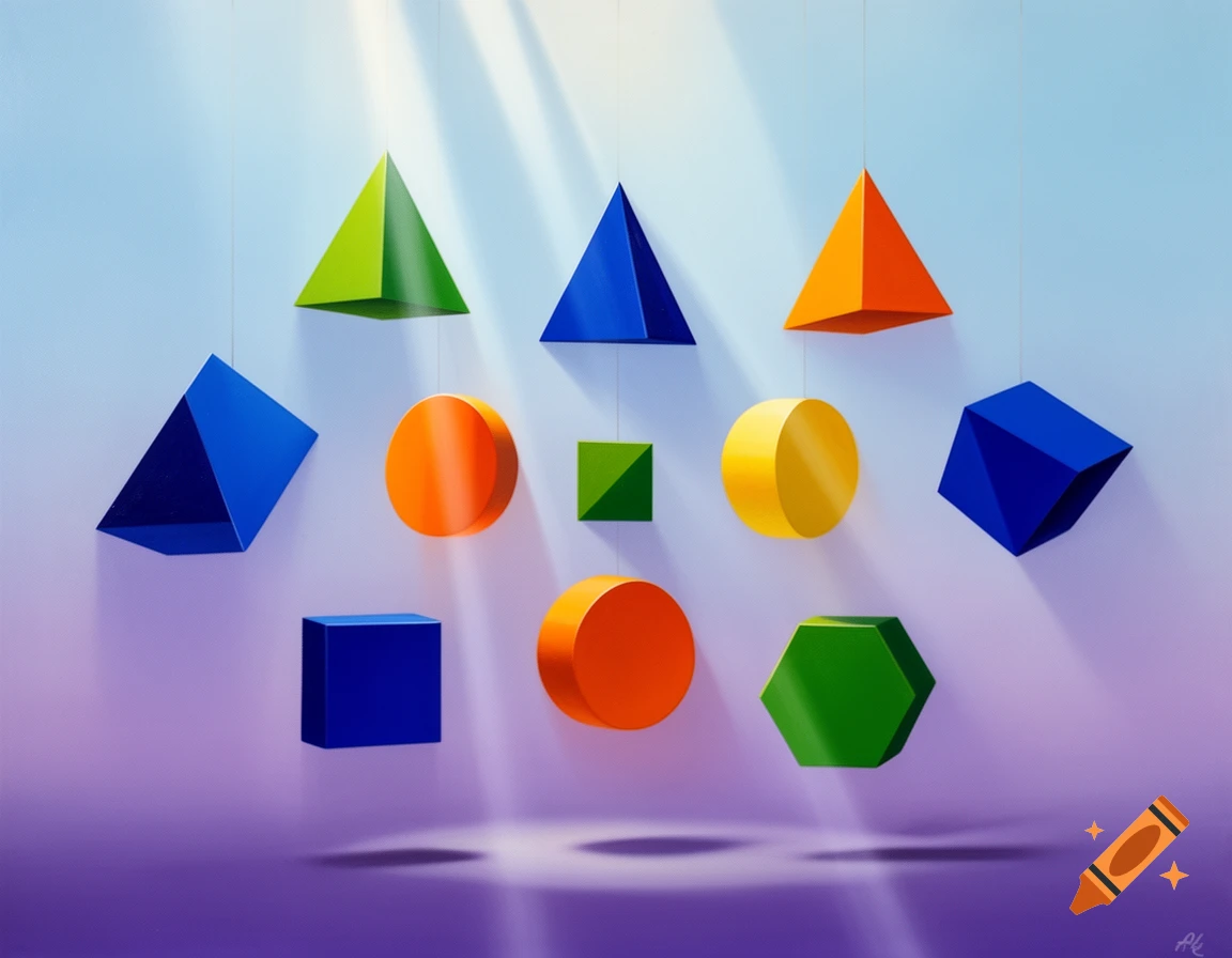A vibrant arrangement of colorful 3D geometric shapes, including pyramids, cylinders, cubes, and an octahedron, suspended against a light purple and blue background with beams of light.