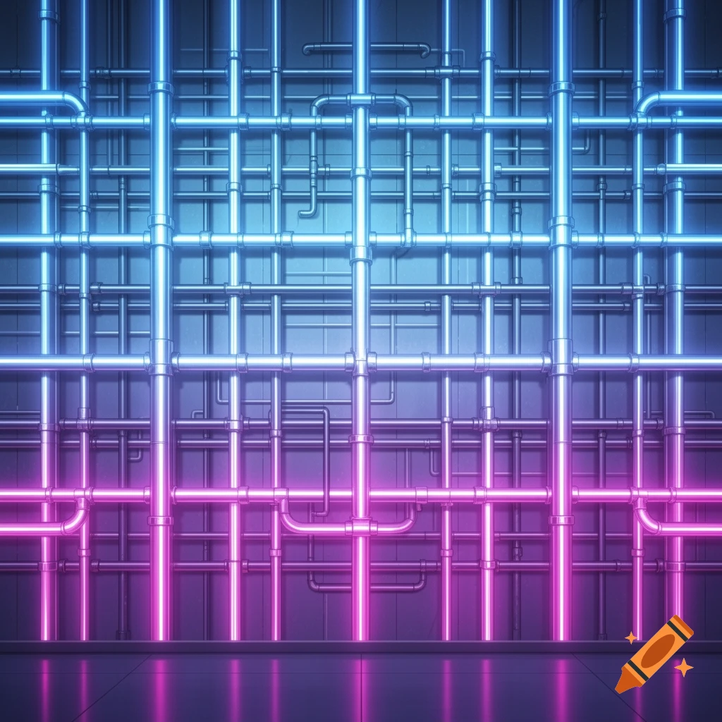 A wall covered in a complex grid of metallic pipes glowing with vibrant blue and pink neon lights, reflecting on the floor, in an anime style.