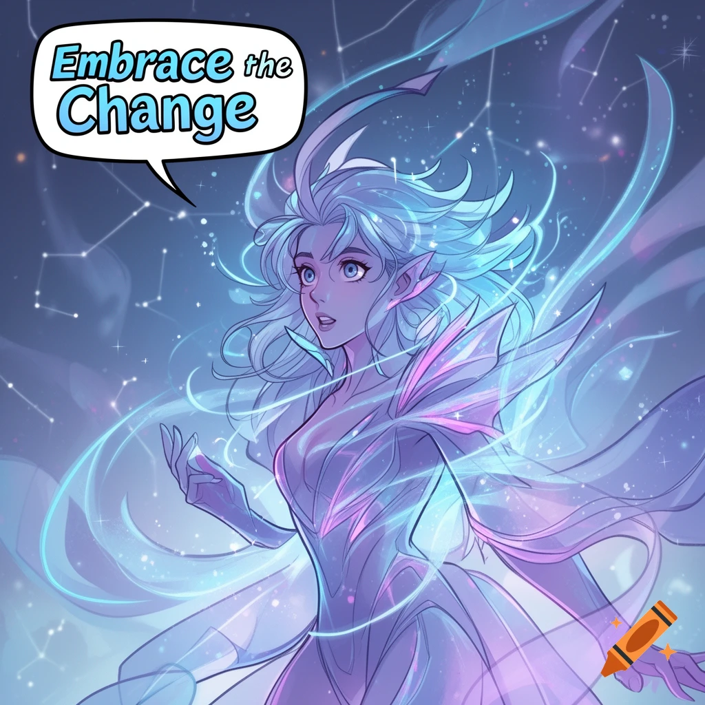 Anime-style character with white hair, pointed ears, and glowing energy against a cosmic background. A speech bubble says 'Embrace the Change'.
