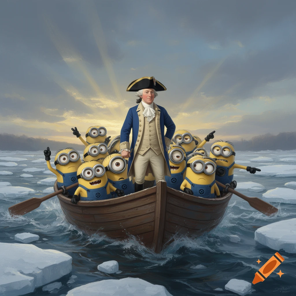 George Washington with yellow Minions in a wooden boat crosses an icy river at sunset, in the style of a historical painting.