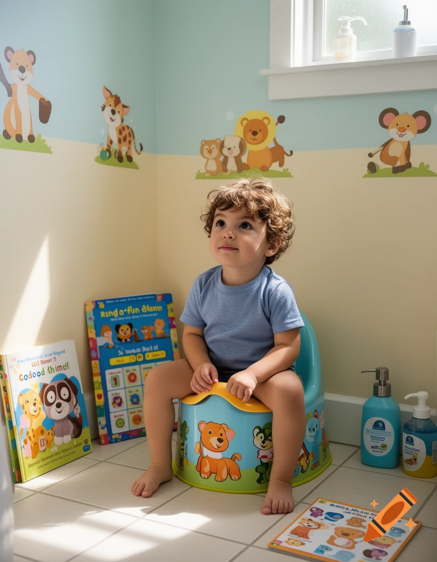 A toddler with curly hair sits on a colorful potty chair in a bathroom decorated with cartoon animal decals and books.