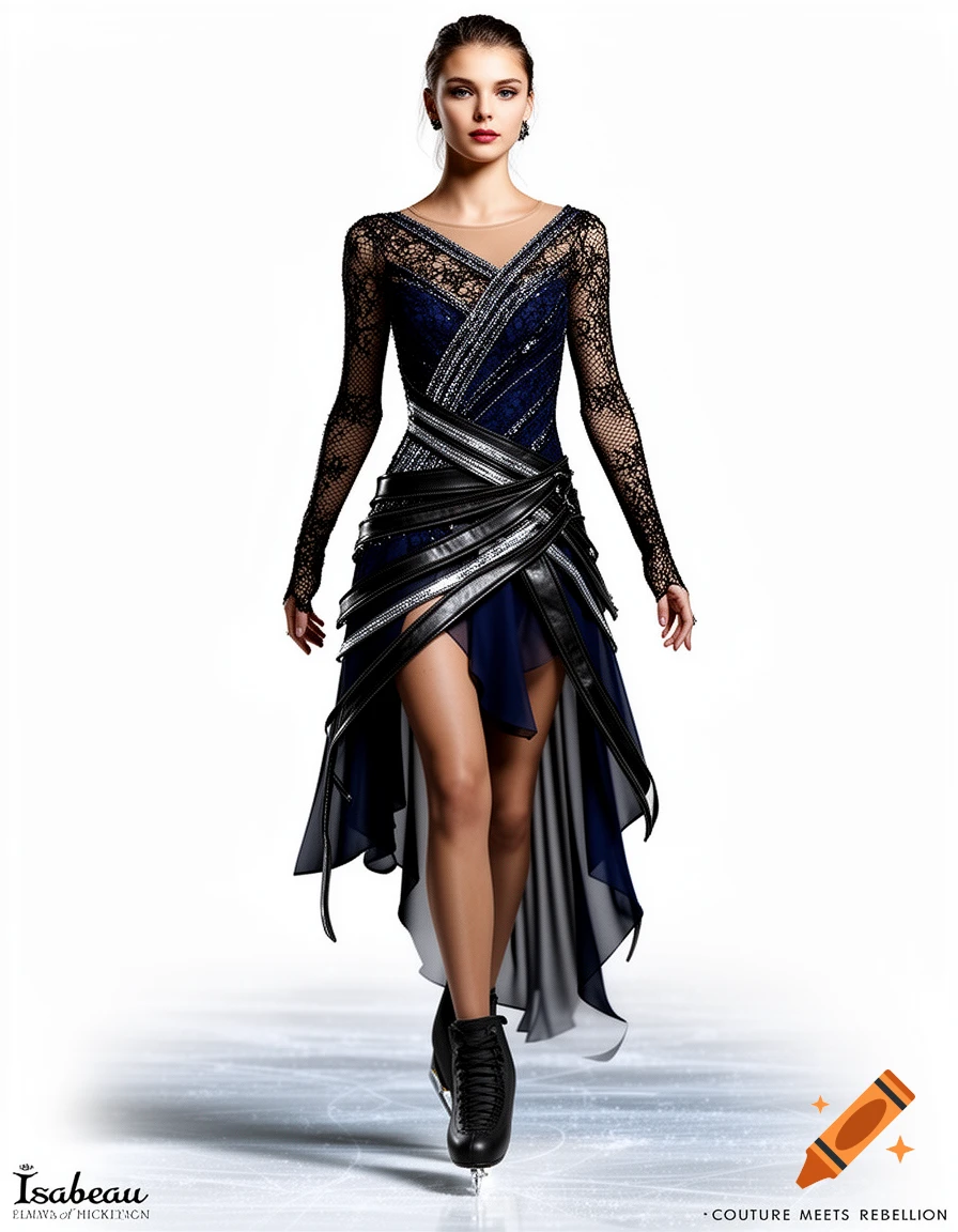 Female figure skater in an ornate navy blue and black lace and leather costume with an asymmetrical skirt, posing on ice.