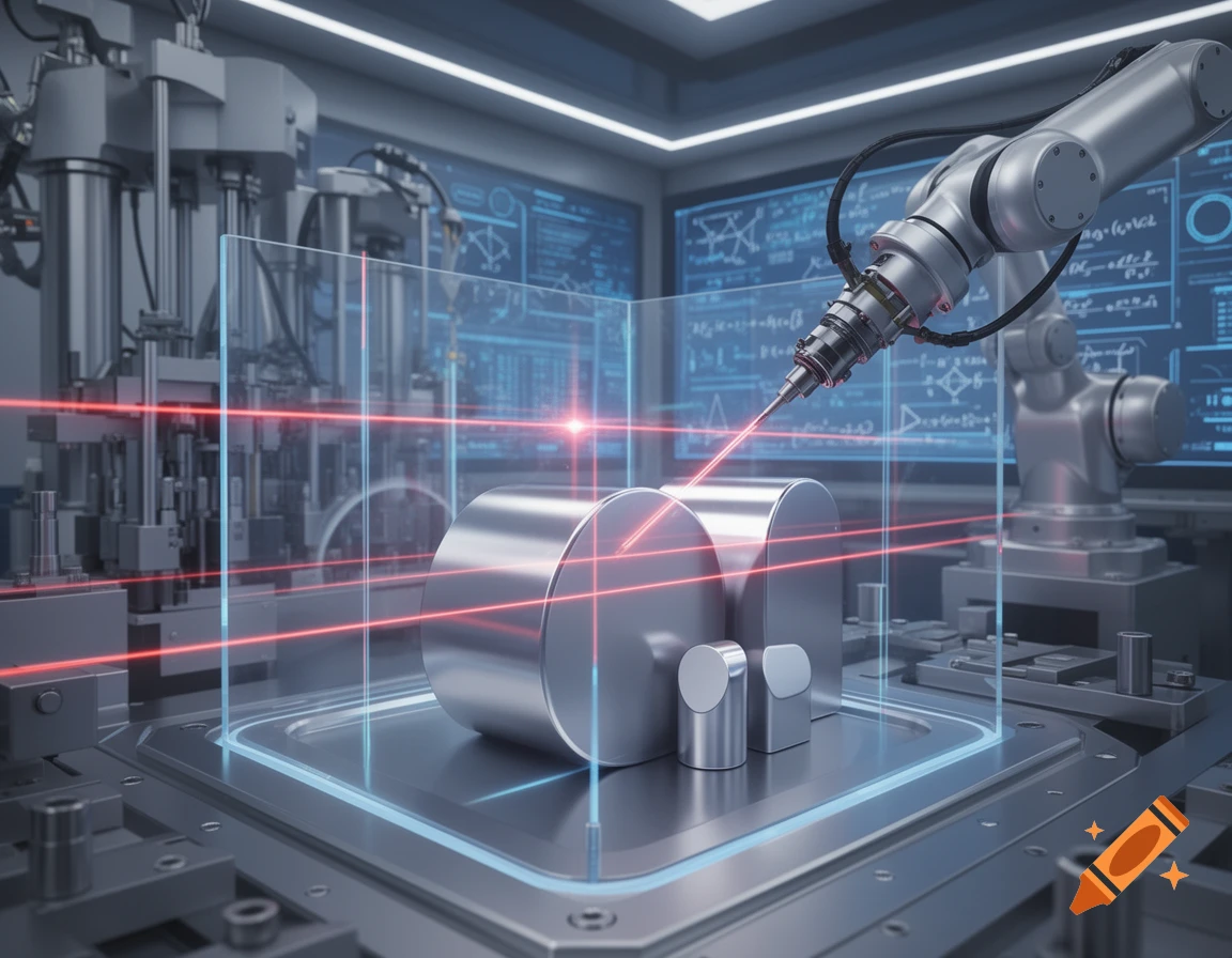 A robotic arm performs laser measurements on metal cylindrical objects within a glass enclosure in a high-tech manufacturing lab.