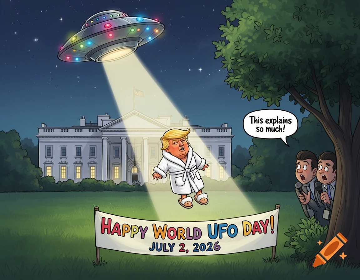 Cartoon of Donald Trump in a bathrobe and slippers being beamed up by a UFO over the White House at night, with reporters watching from a tree.