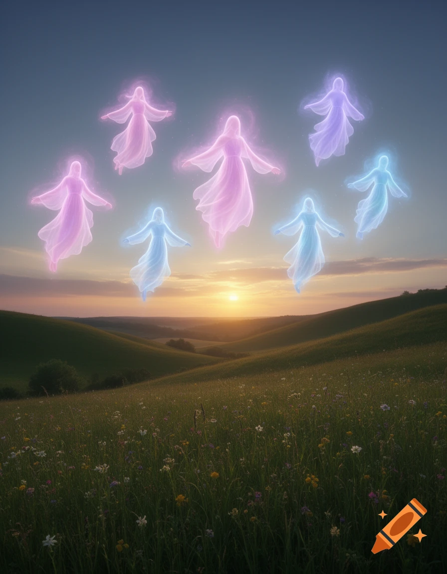 Glowing ethereal spirits in pink and blue float over a green meadow filled with wildflowers at sunset.