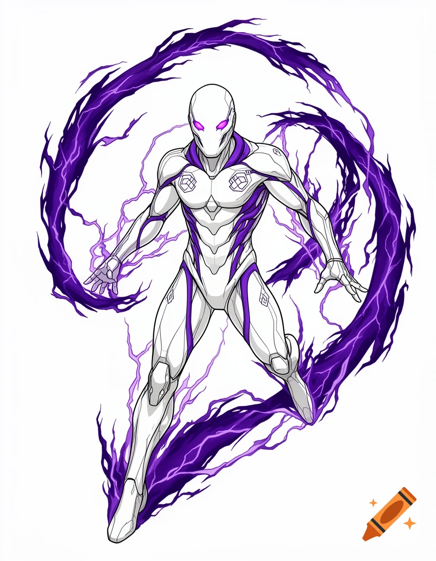 A white and purple futuristic superhero with glowing purple eyes and electricity arcing around them, in a comic book illustration style.