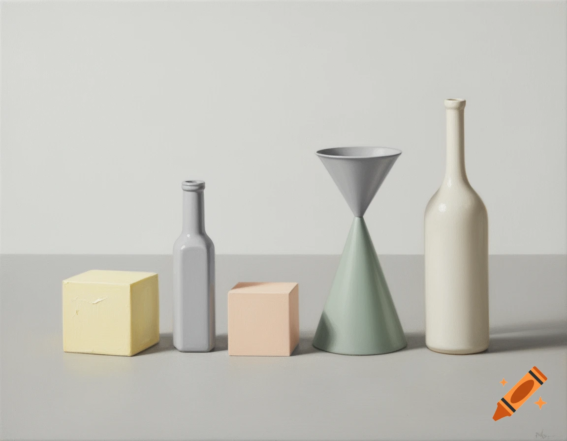 Oil painting of a still life: a yellow cube, gray bottle, peach cube, green cone with a gray funnel, and white bottle lined up on a gray surface.