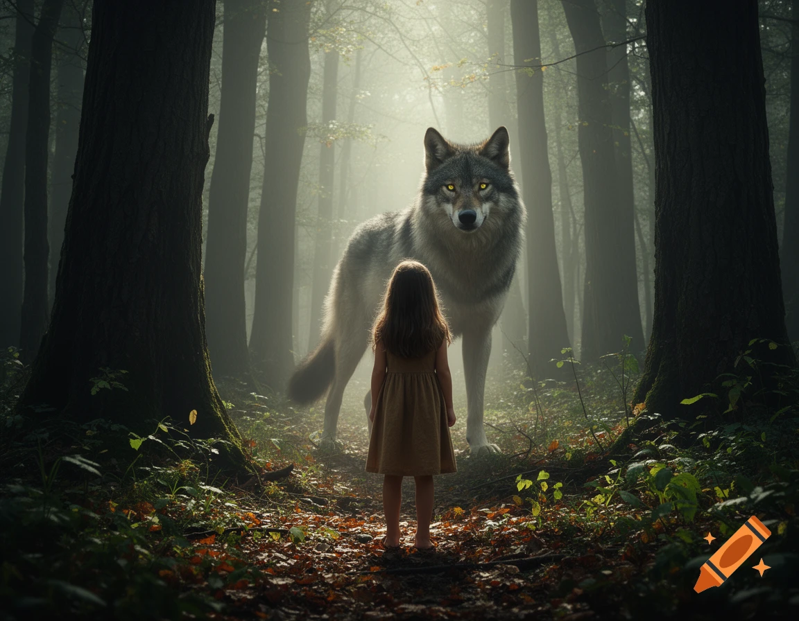 A young girl stands with her back to the viewer, facing a large, grey wolf with glowing yellow eyes in a misty forest.