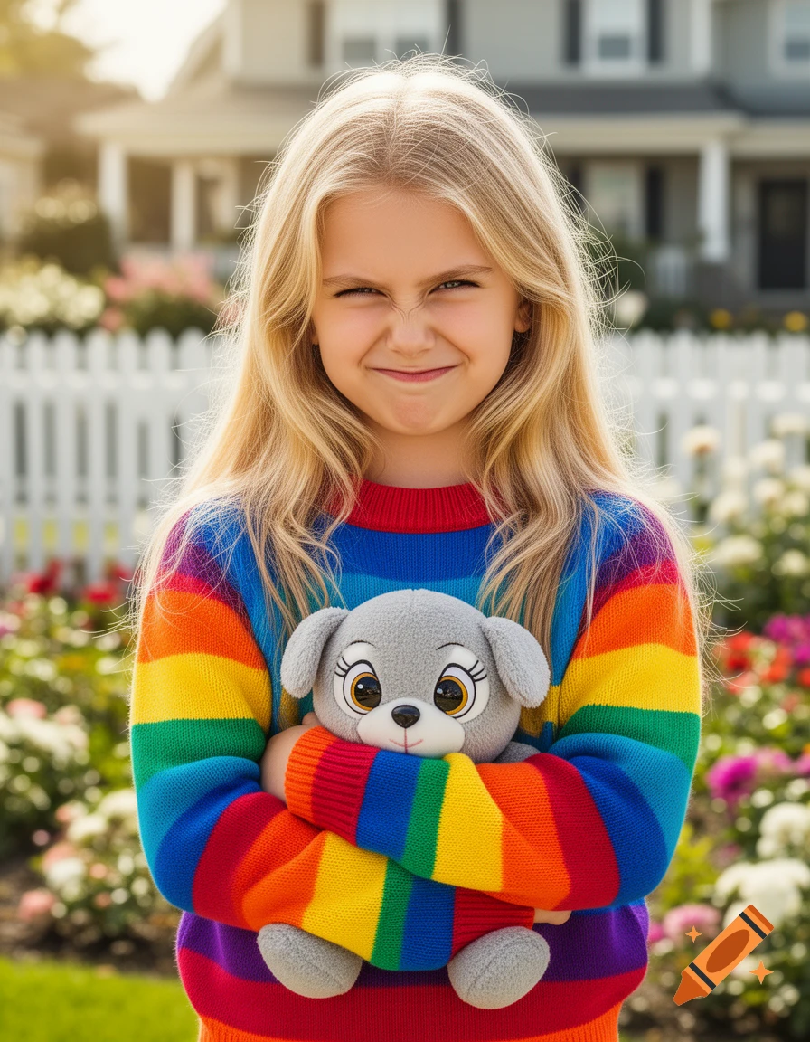 A blonde girl in a rainbow sweater makes a funny face while hugging a grey dog plush toy in a sunny outdoor setting with a house and fence.