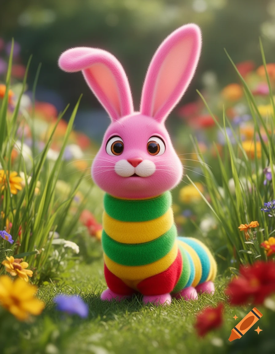 A cute, pink, cartoon rabbit-caterpillar creature with big ears and eyes, wearing a colorful striped body, sits in a vibrant field of flowers.