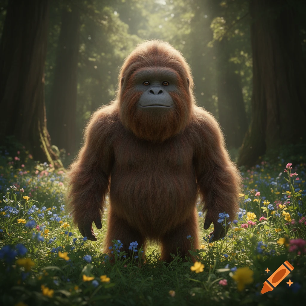 A cute, furry, brown bigfoot-like creature stands in a vibrant wildflower field within a sunlit forest.