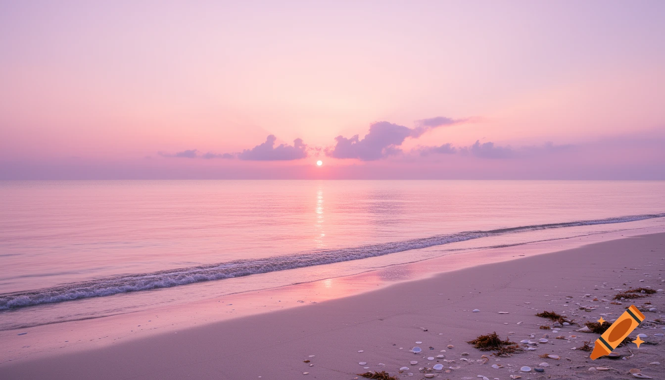 A serene pastel pink and purple sunset over a calm ocean and sandy beach, with scattered seashells and seaweed.