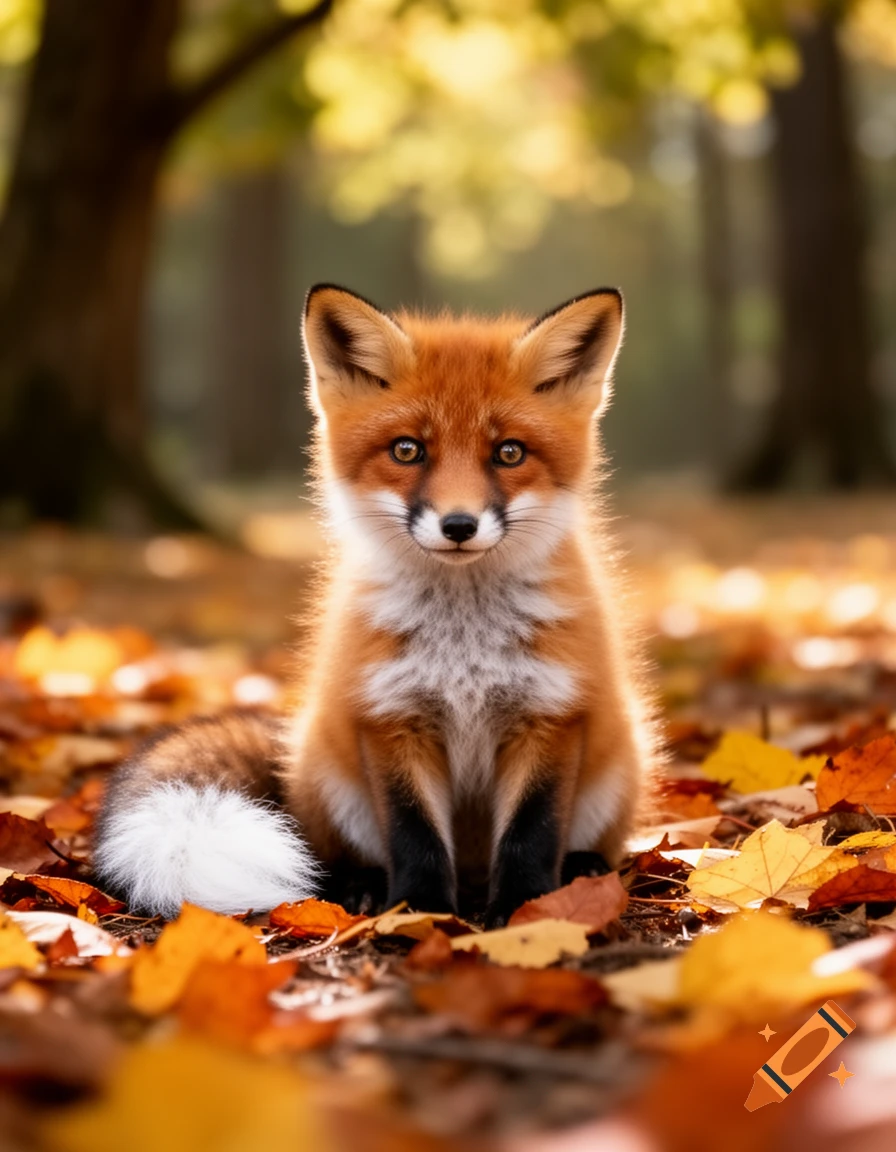 A cute red fox with white chest and black paws sits among fallen orange and yellow autumn leaves in a forest.
