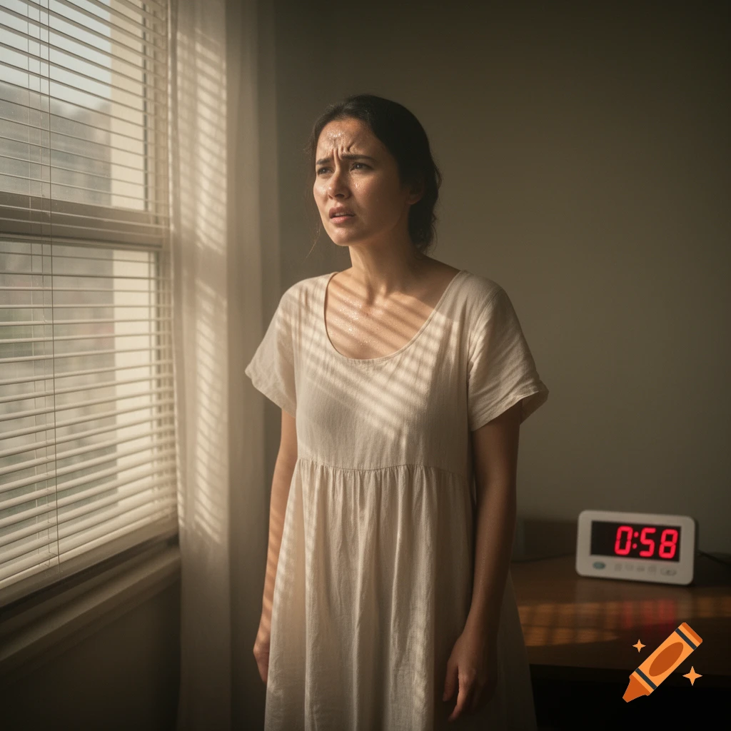 A distressed woman in a light dress stands by a window with blinds, her face glistening with sweat, next to a digital clock showing 0:58.