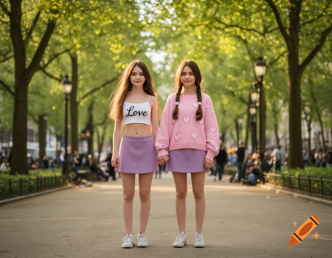 Two cute twin girls in a park. One wears a white crop top with 'Love' and a purple skirt, the other a pink heart sweater and purple skirt.
