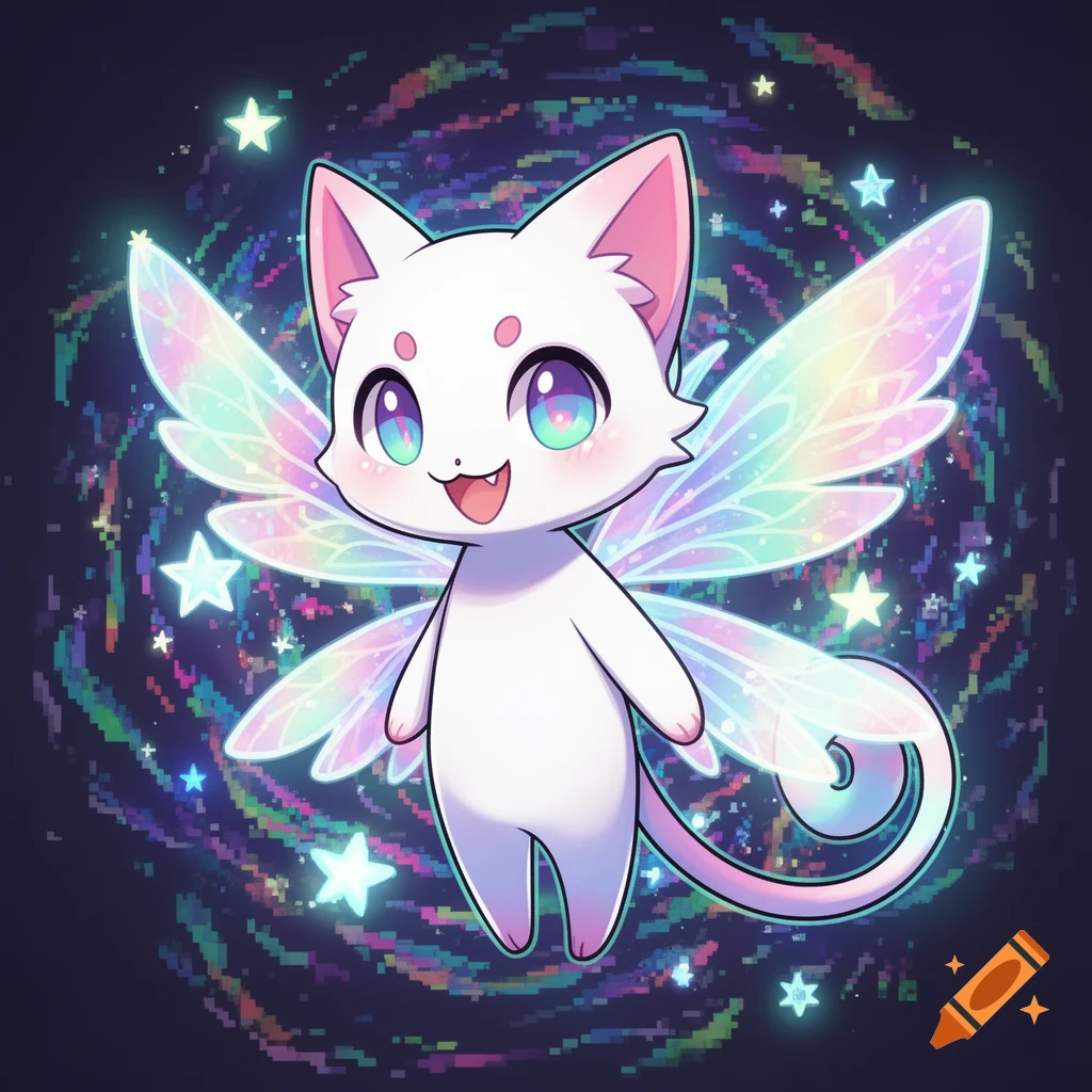 A cute white cartoon cat with colorful iridescent fairy wings and large sparkly eyes, smiling against a dark pixelated background with stars.