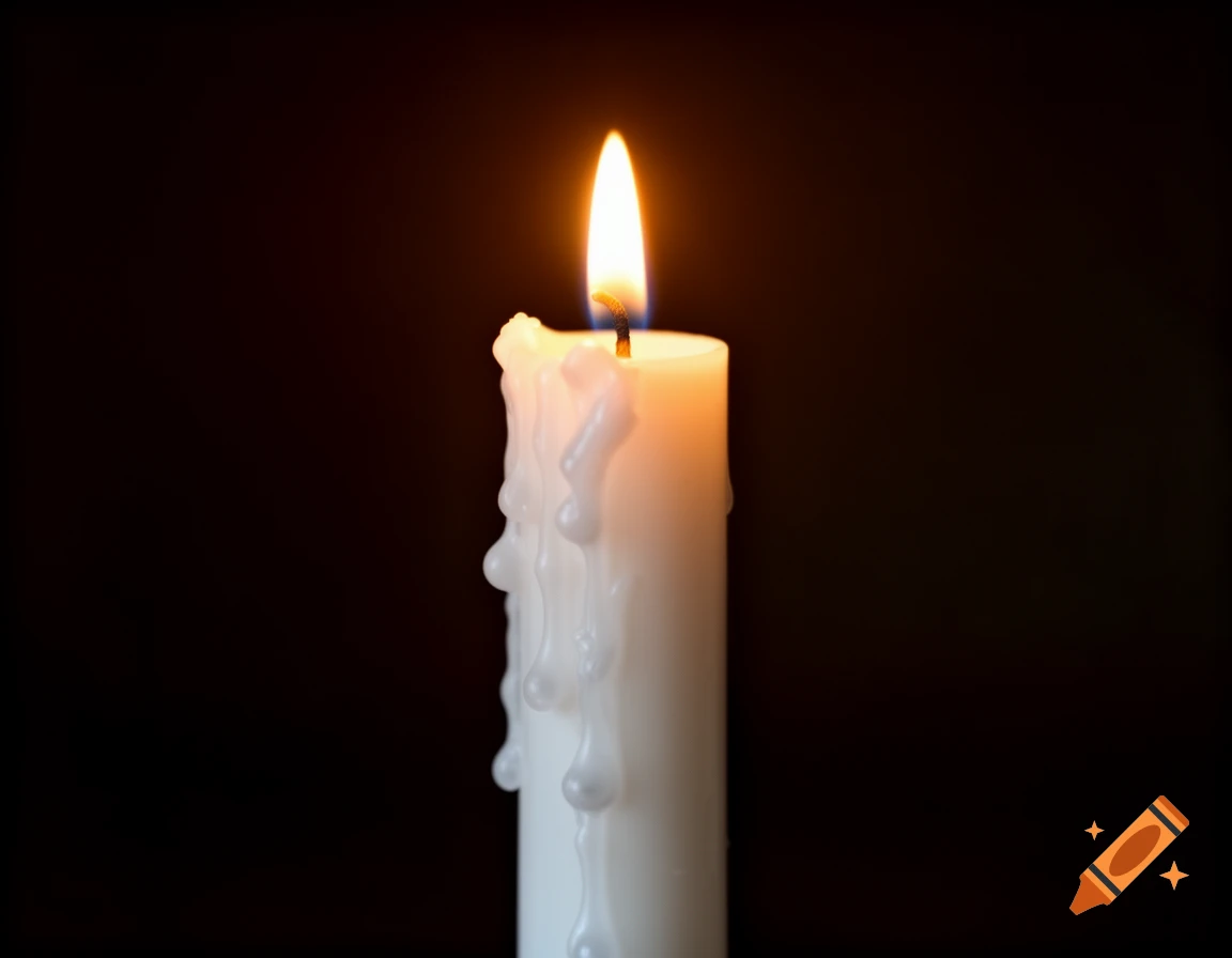 Photorealistic image of a white burning candle with melted wax on a dark background.