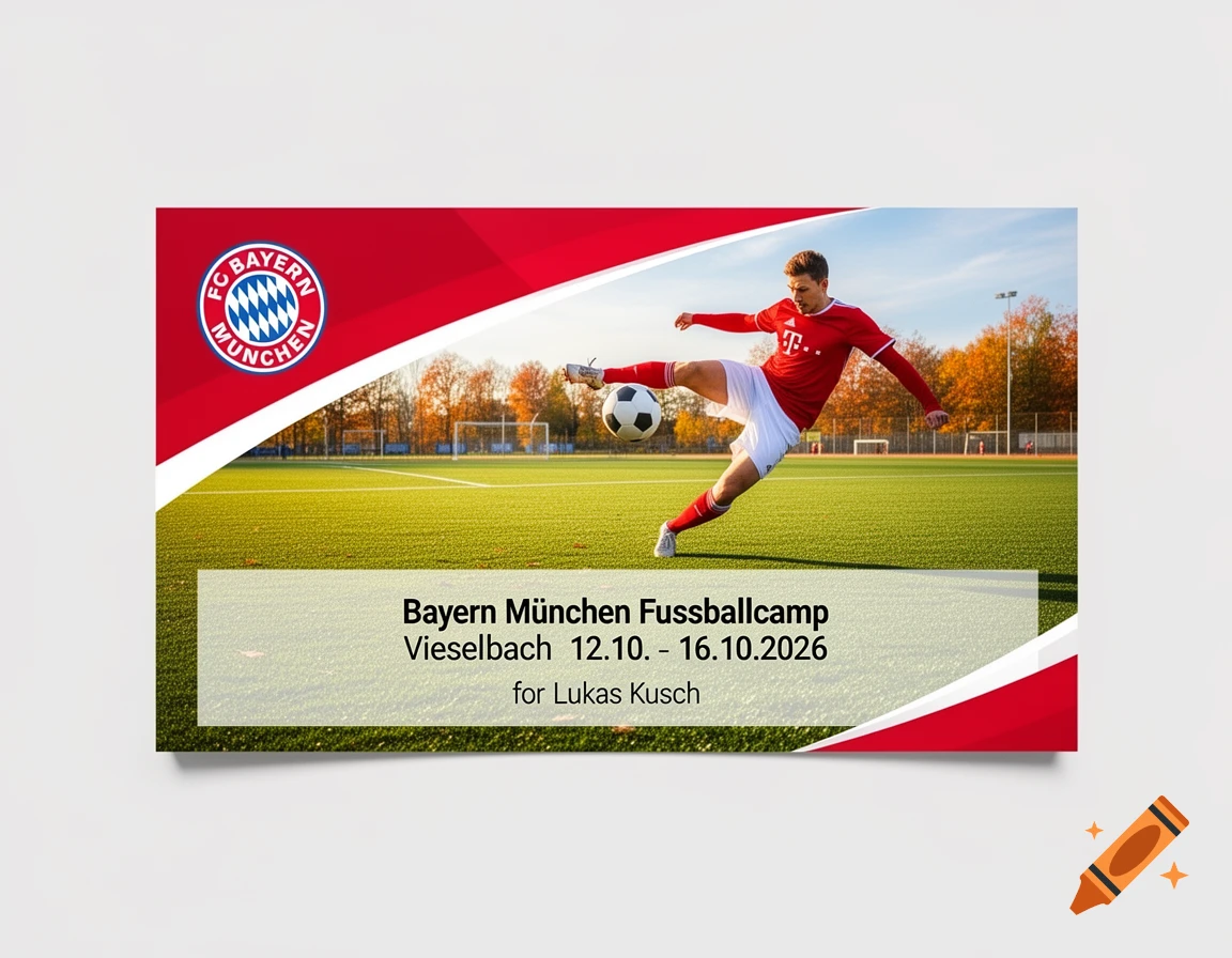 A male soccer player in a red and white uniform kicks a ball on a green field. A graphic overlay promotes a Bayern Munich soccer camp voucher.